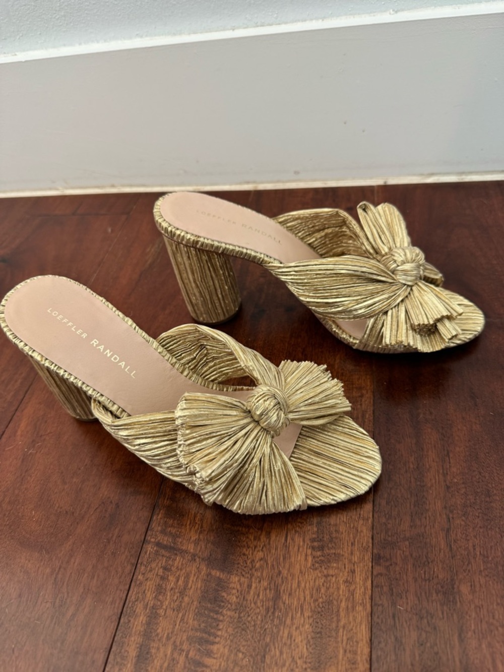 Loeffler Randall Metallic Gold Knotted Bow Mules size 8.5